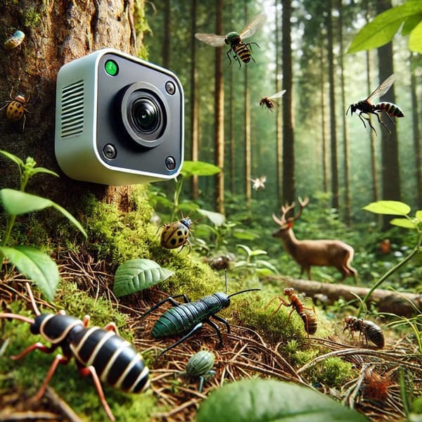 Camera trap monitoring wildlife in a forest