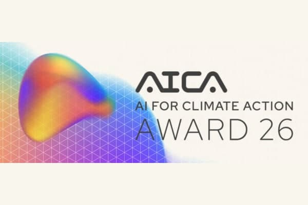 The AICA — AI for Climate Action Award 26 logo, set beside a prismatic gradient form on a pale wireframe mesh.